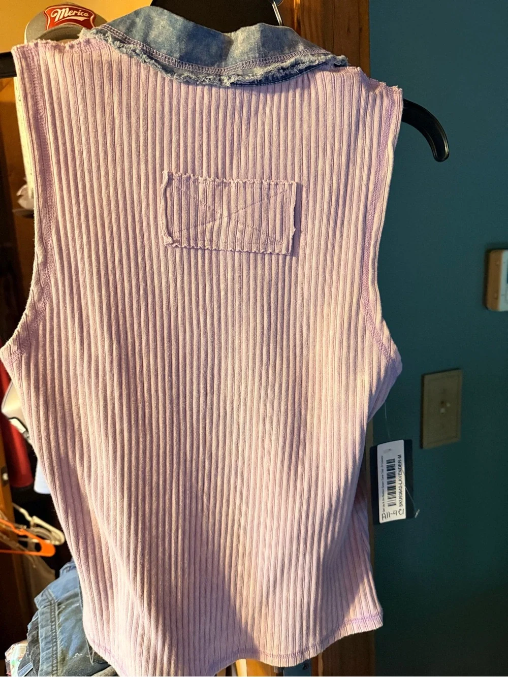 Mystree Lavender Ribbed Tank with Washed Chambray Trim - Picture 2 of 3